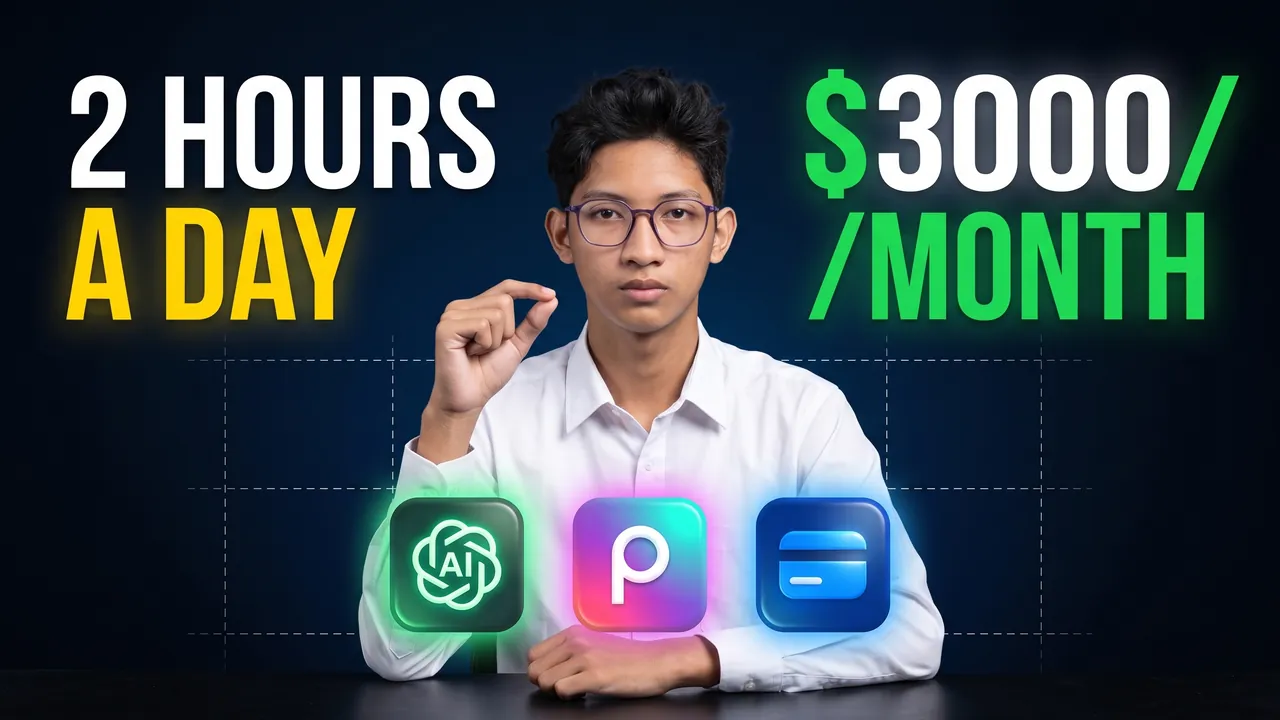 Miniature générée : la même pose et la même mise en page avec le visage de l’utilisateur et « 2 HOURS A DAY · $3000/MONTH »