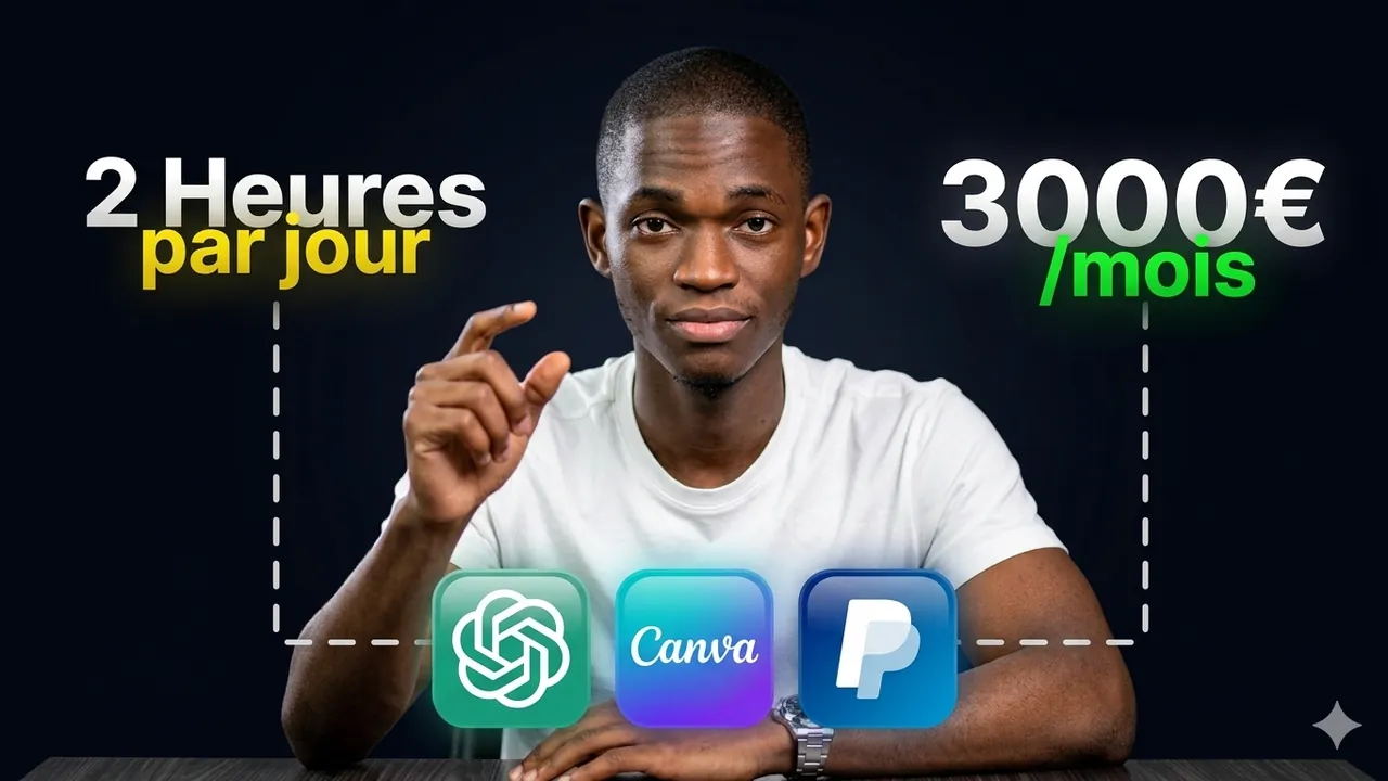 Miniature de référence : un créateur qui pince les doigts entre « 2 Heures par jour » et « 3000€/mois », avec des icônes d’applications